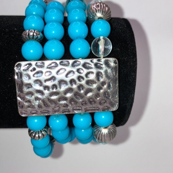 Turquoise Colored, Silver-Tone, Clear Beaded 4-Strand Bracelet! - Picture 8 of 8